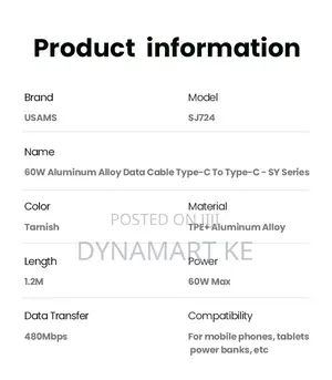 Usams 60w 1.2m Aluminum Alloy Charging and Data Cable Type-C to Type-C