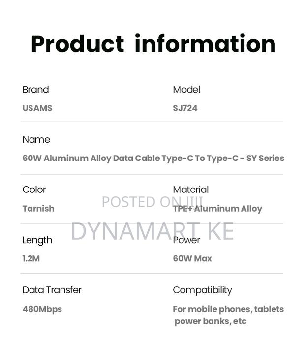 Usams 60w 1.2m Aluminum Alloy Charging and Data Cable Type-C to Type-C - thumbnail 4