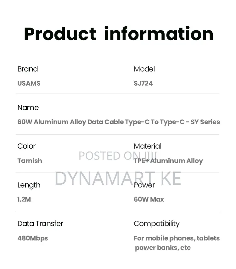 Usams 60w 1.2m Aluminum Alloy Charging and Data Cable Type-C to Type-C