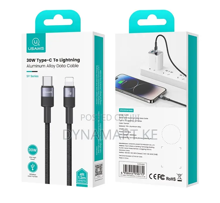 Usams 30w 1.2m Aluminum Alloy Charging Data Cable Type-C to Lightning