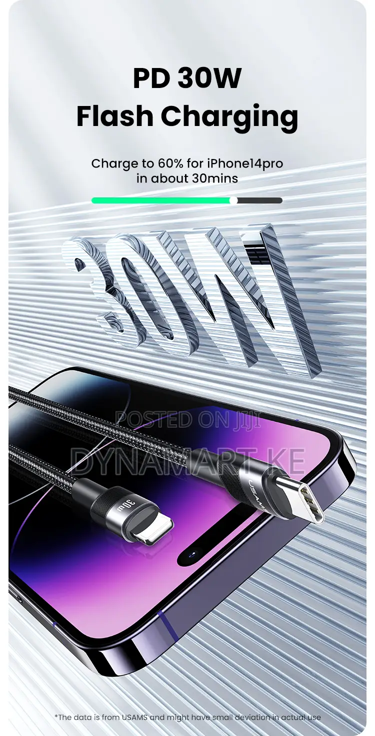 Usams 30w 1.2m Aluminum Alloy Charging Data Cable Type-C to Lightning