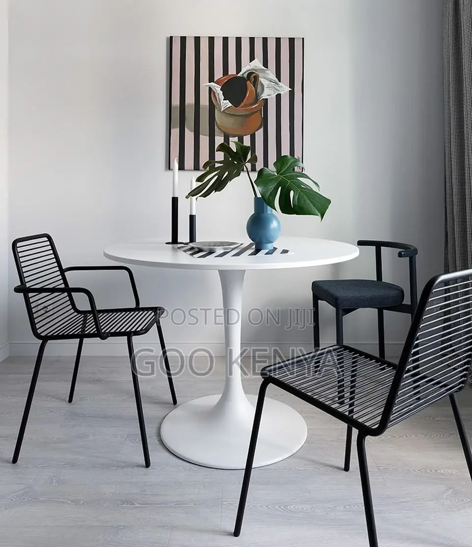Dining Table; Modern Compact Round Dining Table With Metal Base