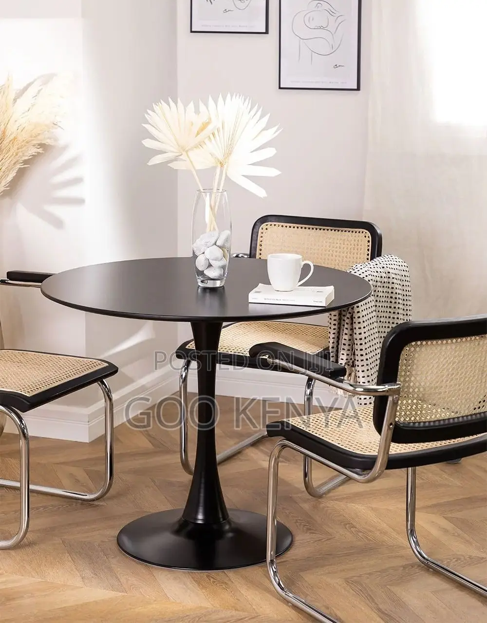 Dining Table; Modern Compact Round Dining Table With Metal Base