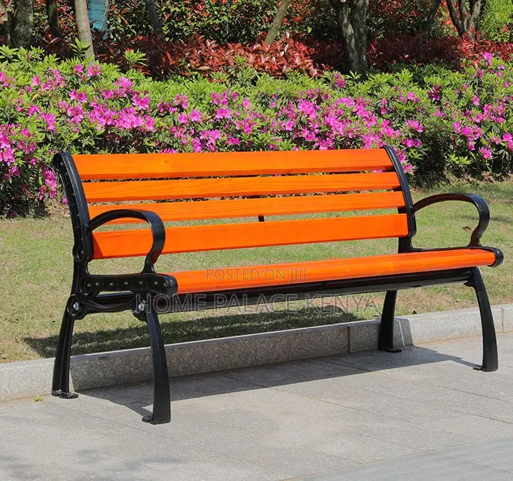 Outdoor Bench: Solid Wood Metal Frame Long Garden Bench