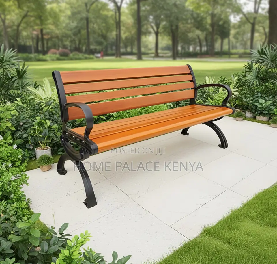 Outdoor Bench: Solid Wood Metal Frame Long Garden Bench