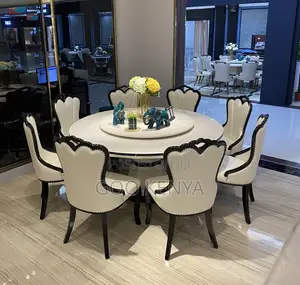 Dining Set; High-End Round Iced Marble Dining Table Set for 6 People
