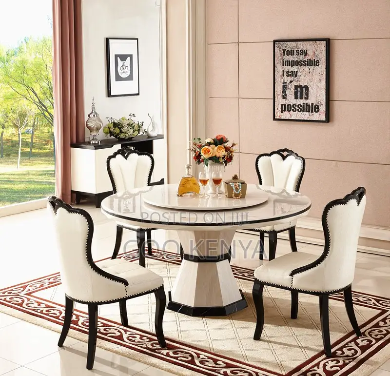 Dining Set; High-End Round Iced Marble Dining Table Set for 6 People