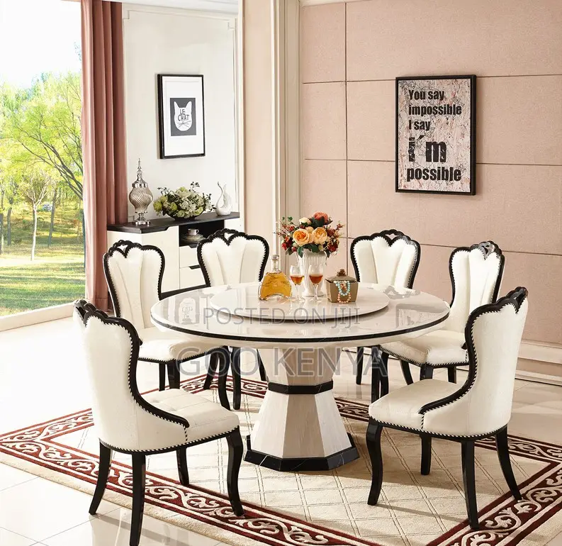 Dining Set; High-End Round Iced Marble Dining Table Set for 6 People
