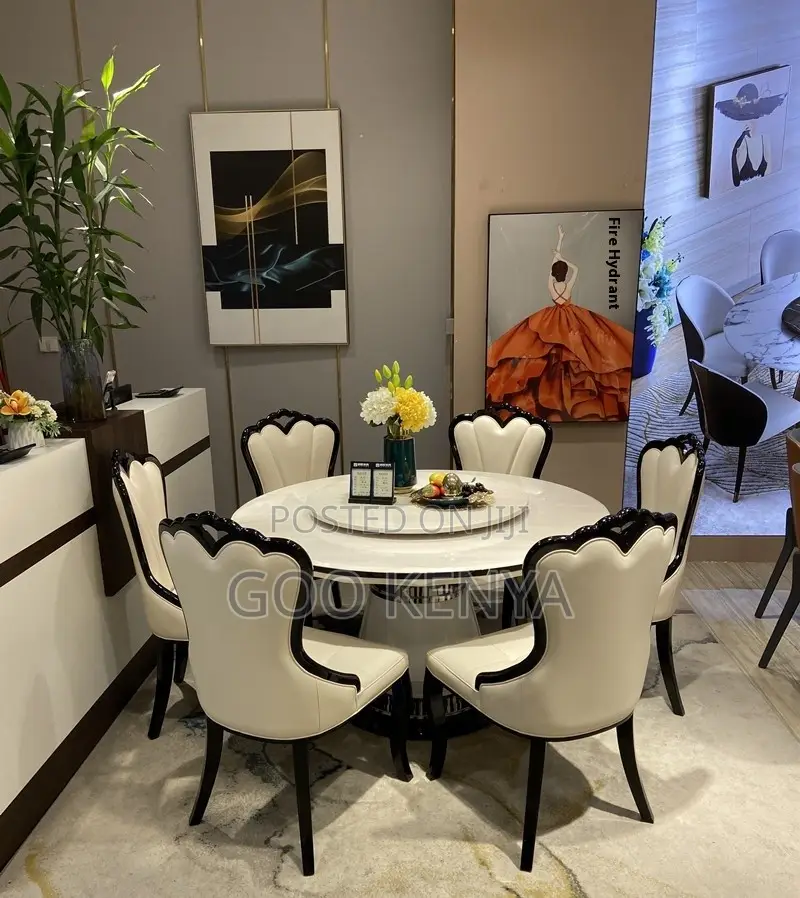 Dining Set; High-End Round Iced Marble Dining Table Set for 6 People