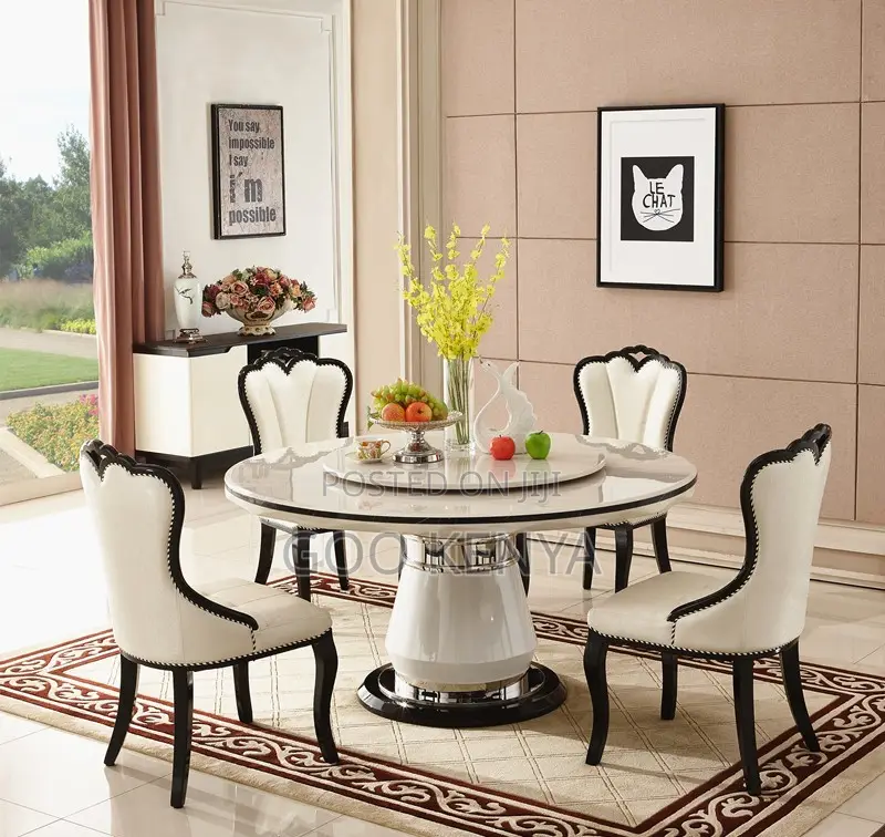 Dining Set; High-End Round Iced Marble Dining Table Set for 6 People