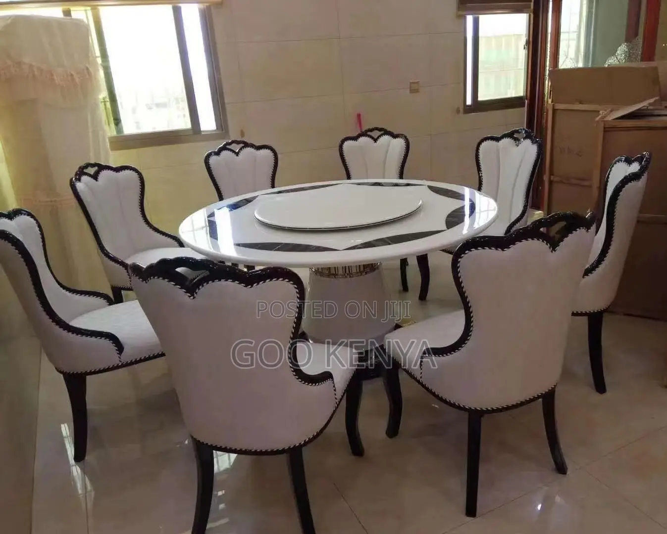 Dining Set; High-End Round Iced Marble Dining Table Set for 6 People