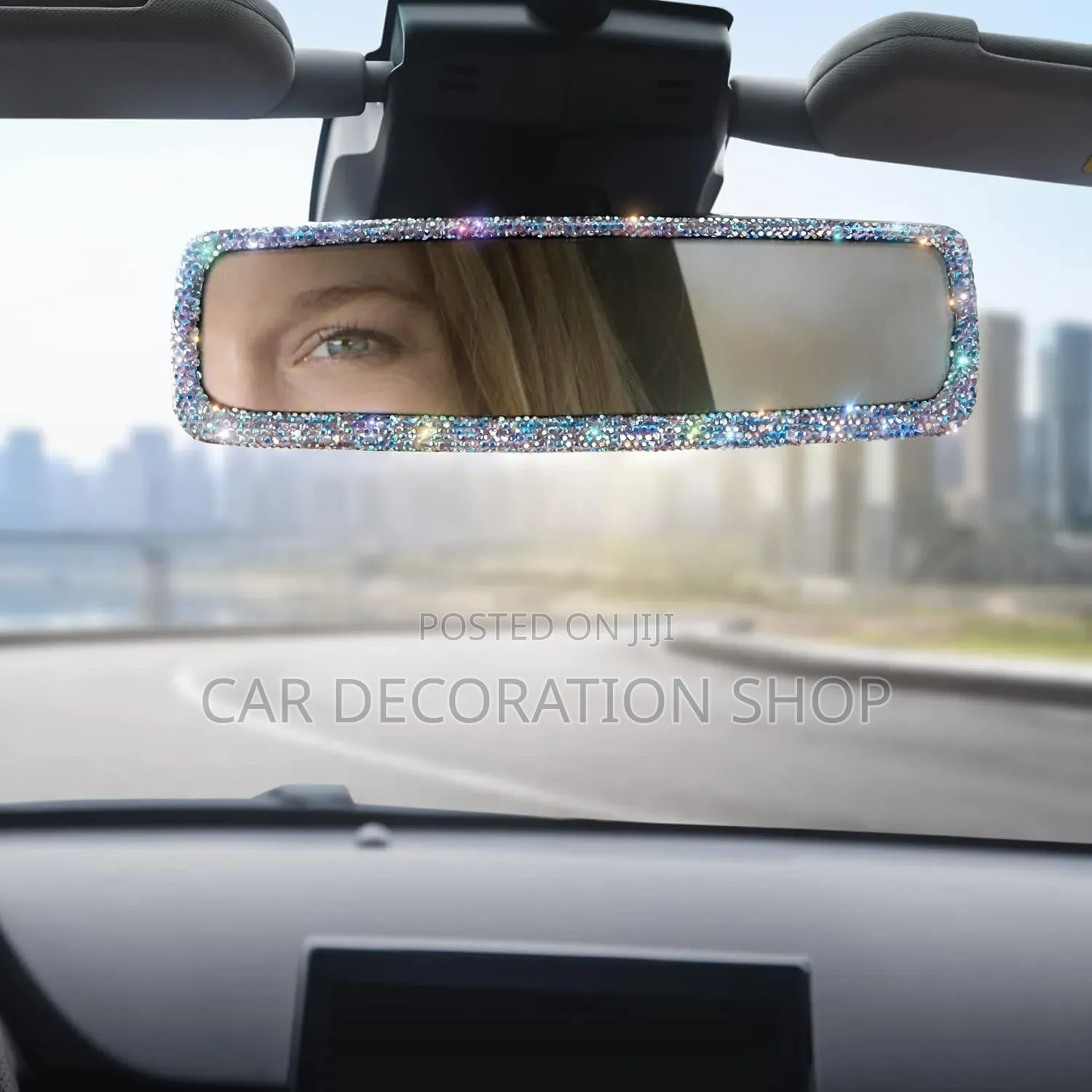 Rearview Mirror Encrusted With Glittering Pink/Blue Rhinestones