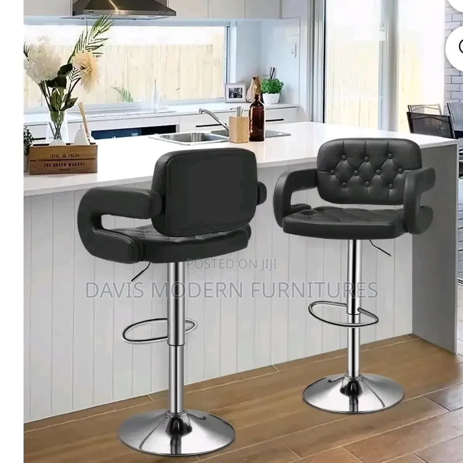 Two Black Tufted Adjustable Bar Stools