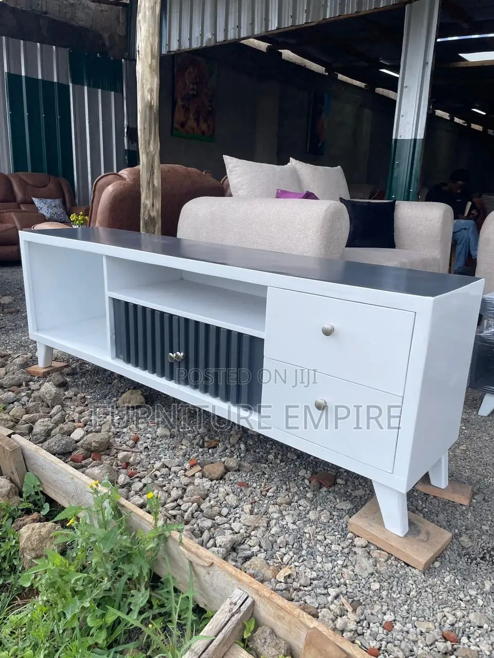 Modern Rectangular Tv Stand – White Finish, Dark Top