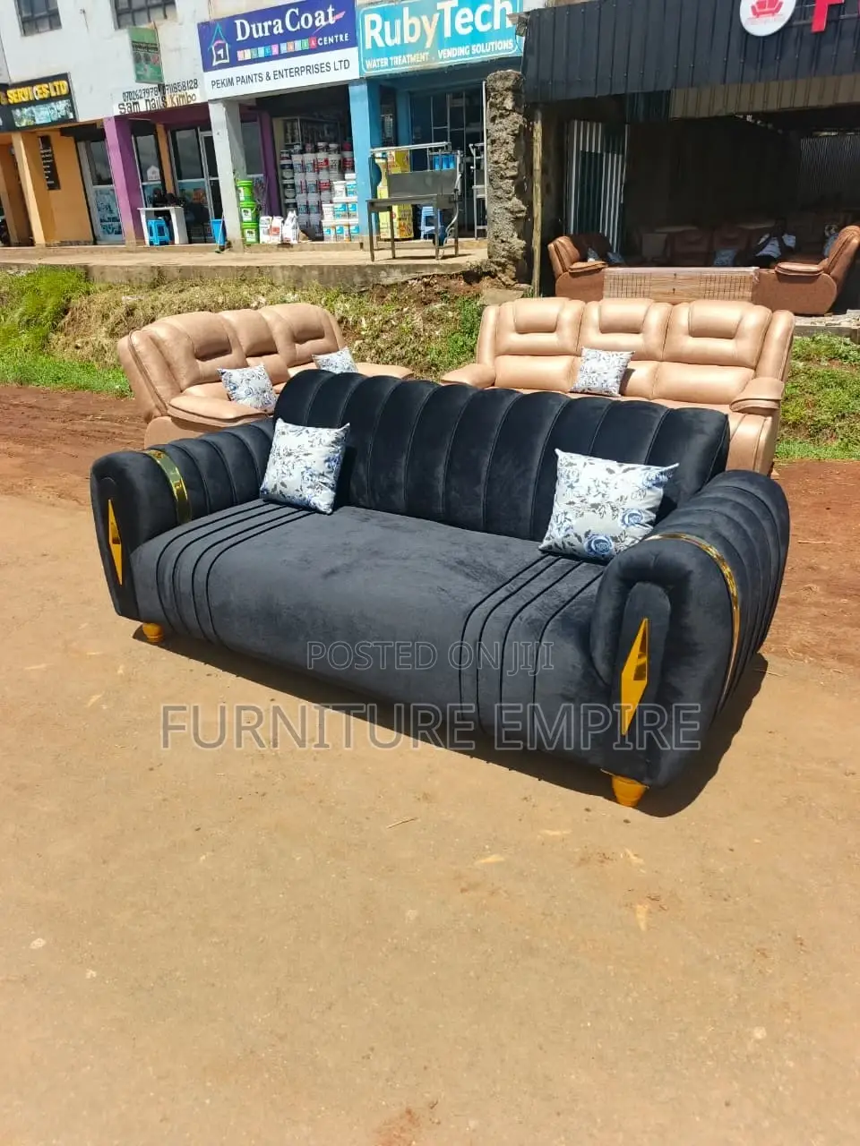 3 Seater Rectangular Sofa – Dark Gray With Yellow Accents