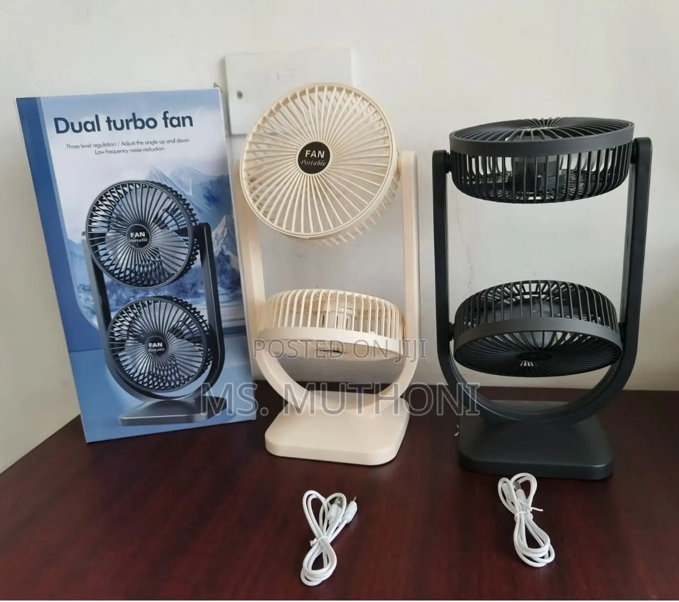 Vertical Bidirectional 2 Heads 3 Speed Rechargeable Table Top Fan