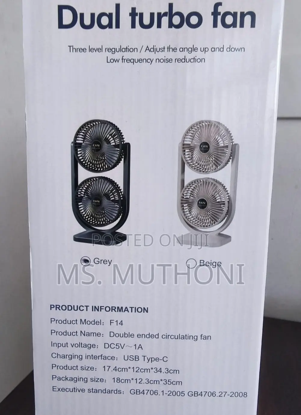 Vertical Bidirectional 2 Heads 3 Speed Rechargeable Table Top Fan