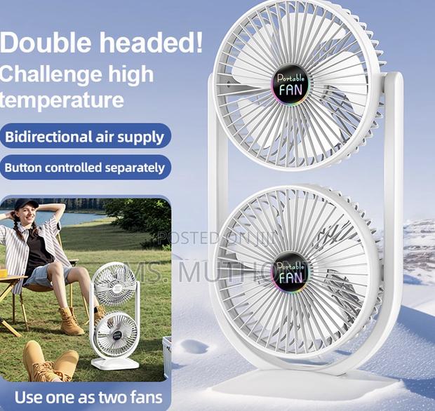 Vertical Bidirectional 2 Heads 3 Speed Rechargeable Table Top Fan