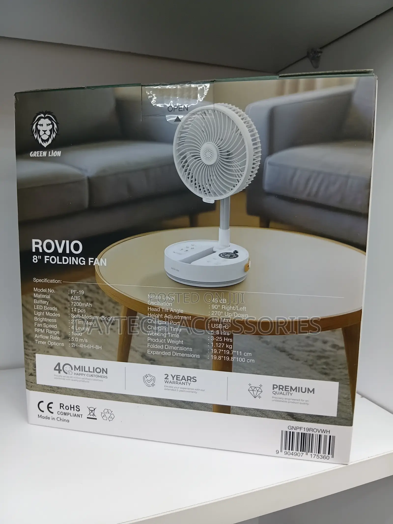 The Green Lion Rovio Folding Fan With 7200mah Rechargeable Battery