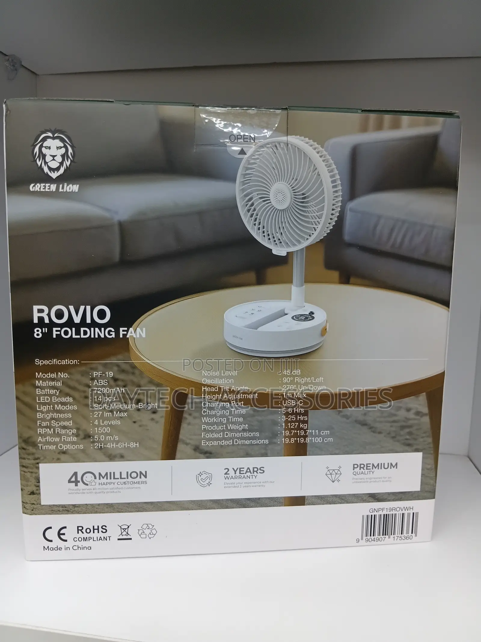 The Green Lion Rovio Folding Fan With 7200mah Rechargeable Battery