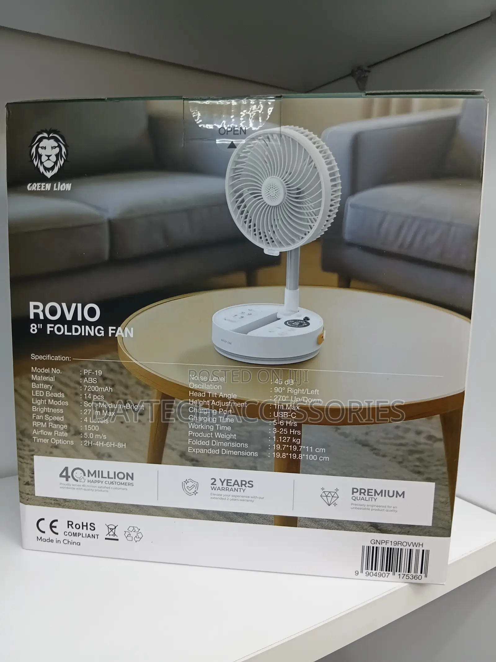 This Is a Green Lion Rovio 8" Folding Fan (Model Pf-19) in White