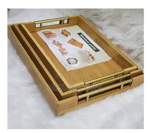 Bamboo Serving Tray Set With Gold Handles