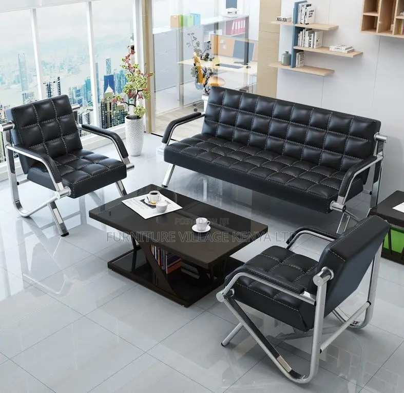 Black Leather 3+1+1 Office Sofa
