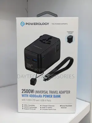 Powerology Travel Adapter With 2 Usb-C Pd and 1 Usb-a Ports 2500w.