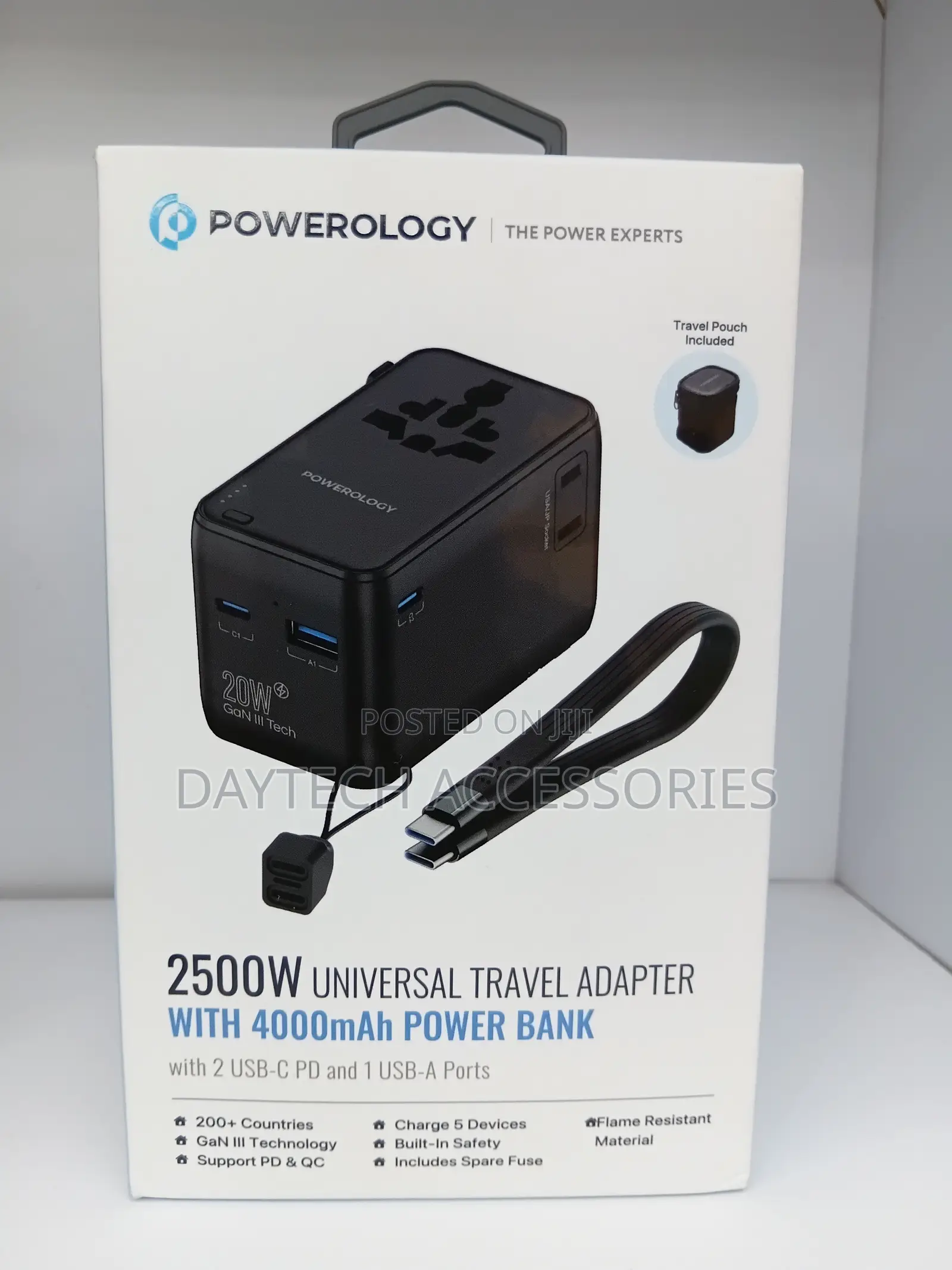 Powerology Travel Adapter With 2 Usb-C Pd and 1 Usb-a Ports 2500w.