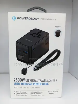 Powerology Travel Adapter With 2 Usb-C Pd and 1 Usb-a Ports 2500w.