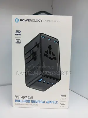 This Is a Powerology Spetrova Gan Multi-Port Travel Adapter 140w.