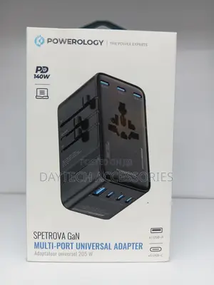 This Is a Powerology Spetrova Gan Multi-Port Travel Adapter 140w.