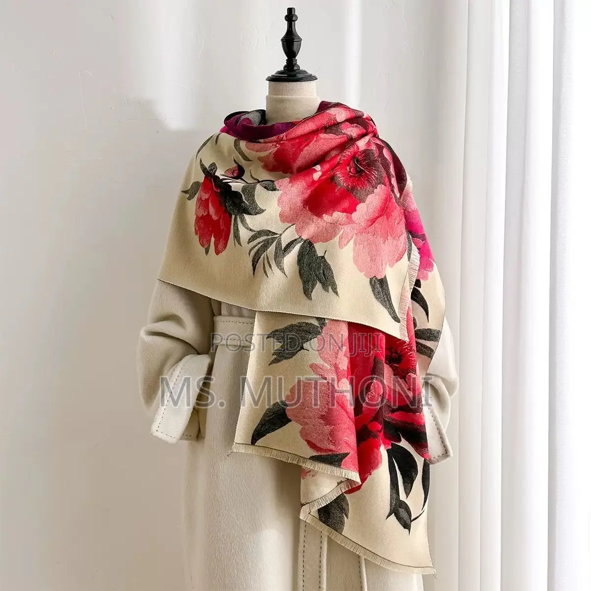 Cashmere Scarf Features a Bold Red and Pink Floral Design