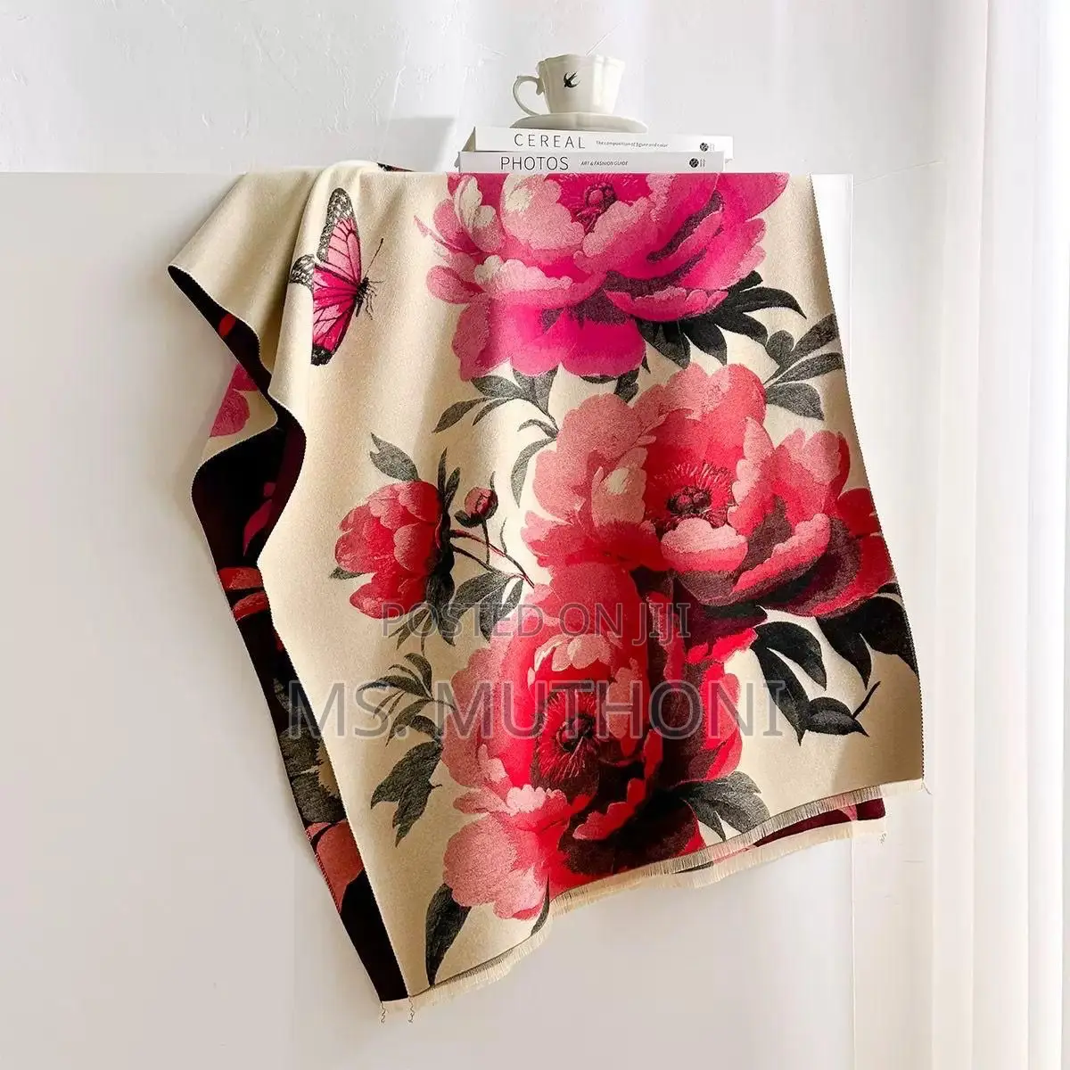 Cashmere Scarf Features a Bold Red and Pink Floral Design