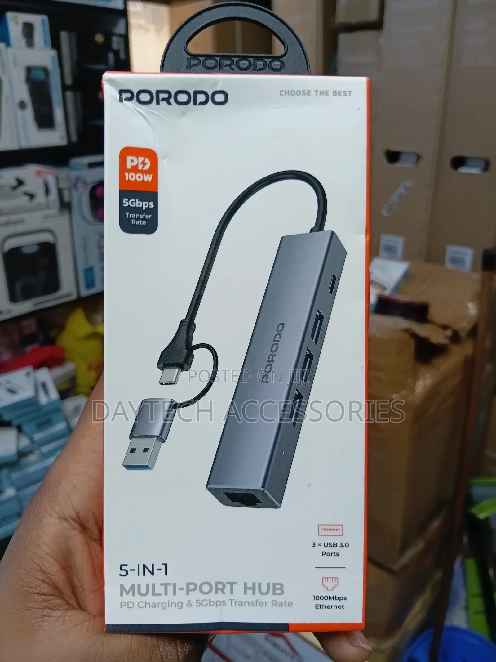 This Is a Porodo 5-in-1 Multi-Port Hub in Gray Aluminum Alloy.