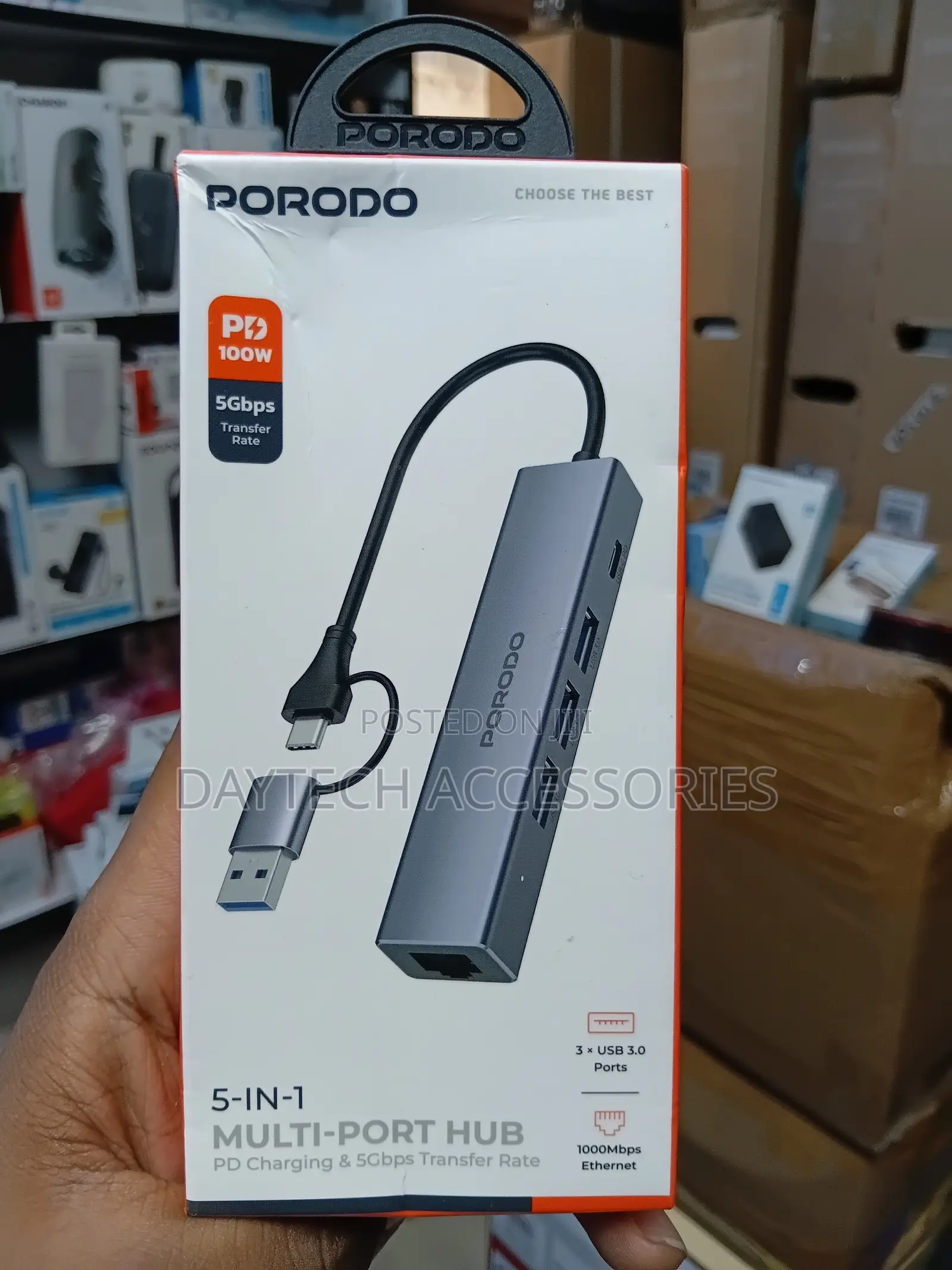 This Is a Porodo 5-in-1 Multi-Port Hub in Gray Aluminum Alloy.