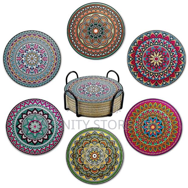 6pcs Mandala Print Drink Coasters With Metal Stand Holder