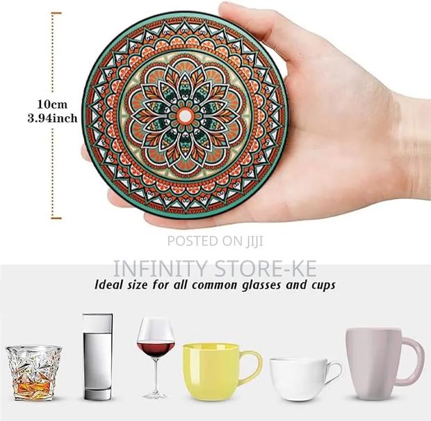 6pcs Mandala Print Drink Coasters With Metal Stand Holder - thumbnail 2