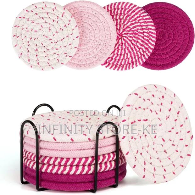 8pcs Absorbent Cotton Woven Drink Coasters With Metal Stand Holder