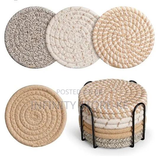 8pcs Absorbent Cotton Woven Drink Coasters With Metal Stand Holder - thumbnail 2