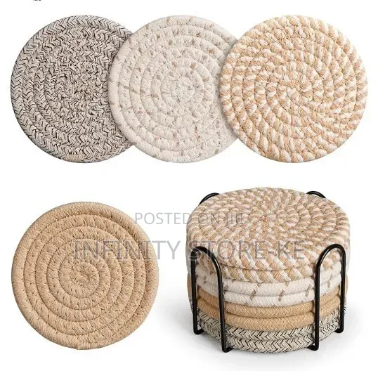 8pcs Absorbent Cotton Woven Drink Coasters With Metal Stand Holder