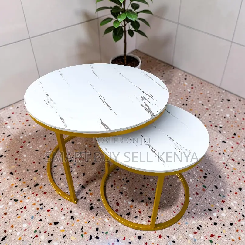 Fashionable Look Marble Nesting Coffee Table Set With Gold Metal Frame