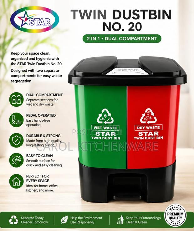 20 LTR 2 in 1 Double Compartment Dustbin/ Dustbin