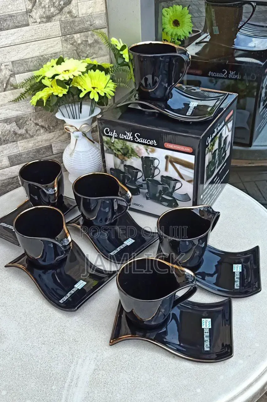 Fine Porcelain Shapely Cup Saucer Set – Black With Gold Rim - Sp
