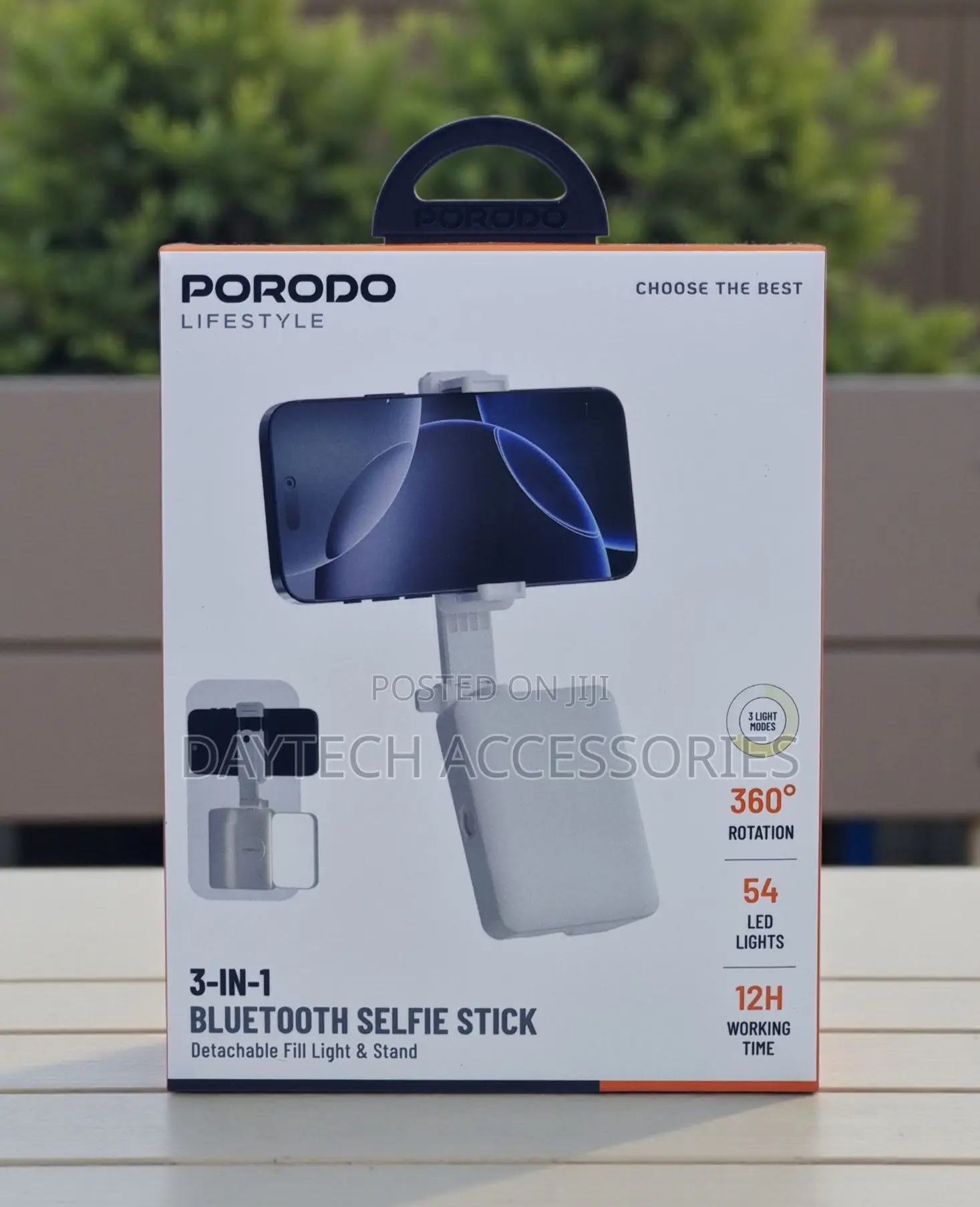 The Porodo Lifestyle 3-in-1 Bluetooth Selfie Stick Detachable Light.