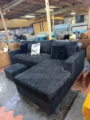 6 Seater Black L-Shaped Sofa With Footrest
