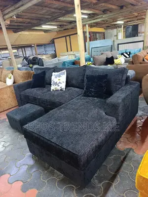 6 Seater Black L-Shaped Sofa With Footrest