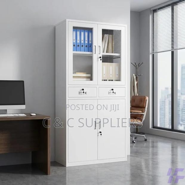 Office Cabinet; Half Glass Metallic Cabinet With Middle Drawers