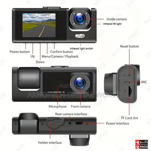 Wi-Fi 1080p Dashcam 3 Lens Front+Cabin+Rear170° Wide View