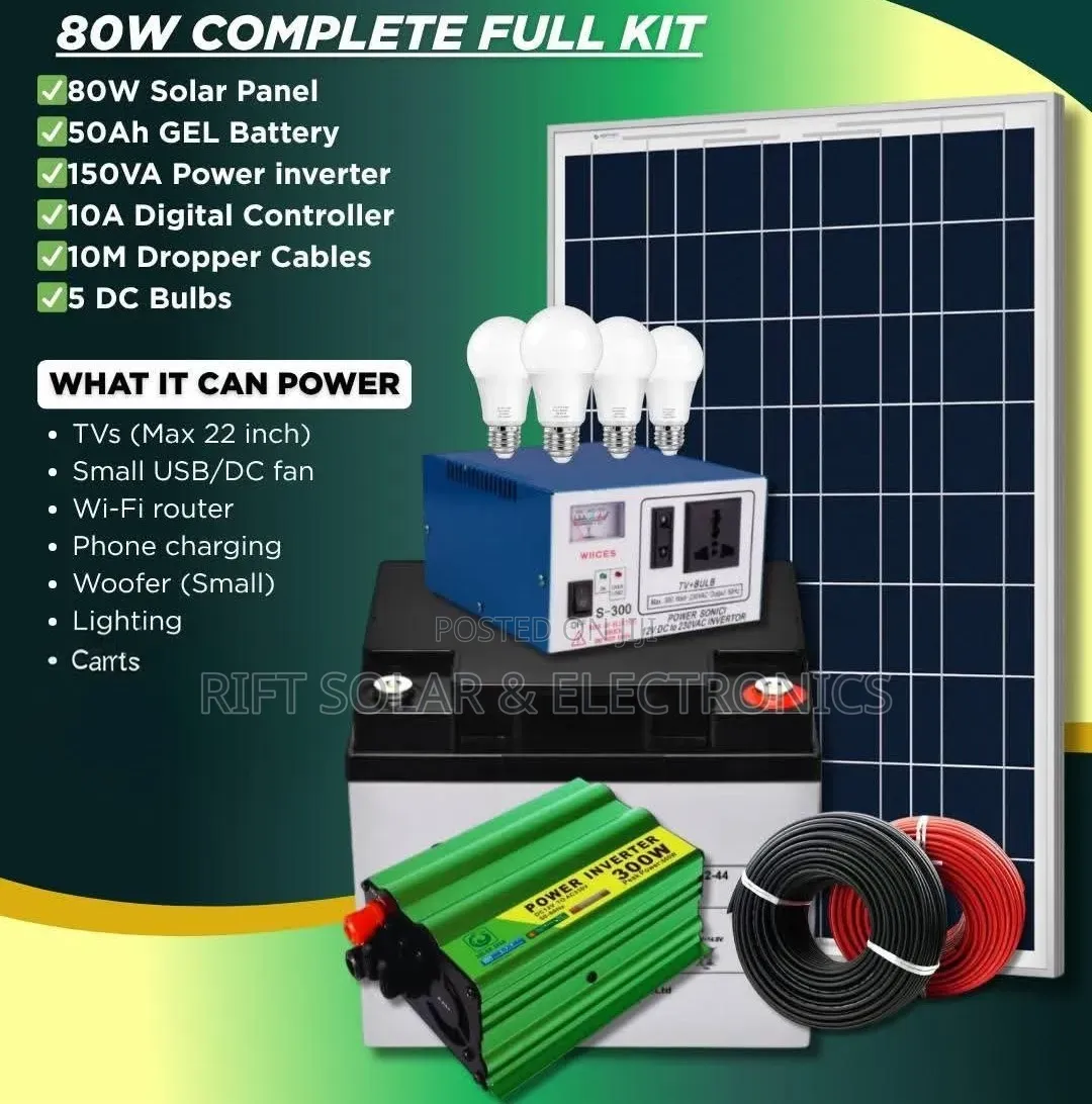 80 Watts Solar Full Kit Complete With 50ah Battery - 150w Inverter